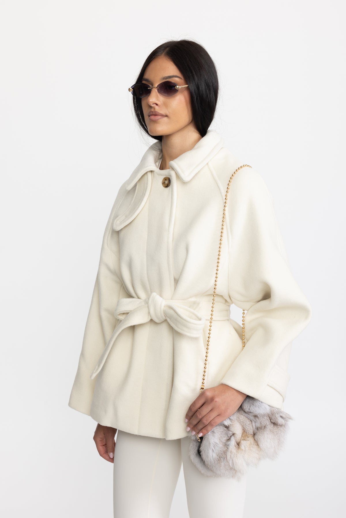 Giacca swing in lana e cashmere con cintura - Ivoire 