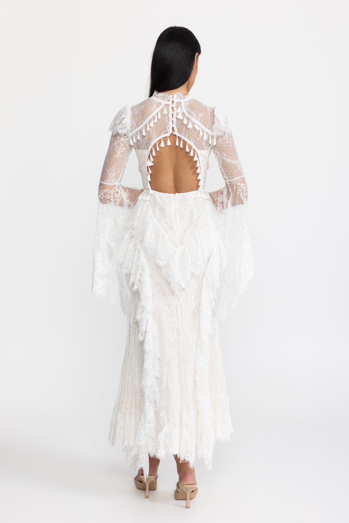 Tassel Trim Lace Corset Bell Sleeve Maxi Dress - White