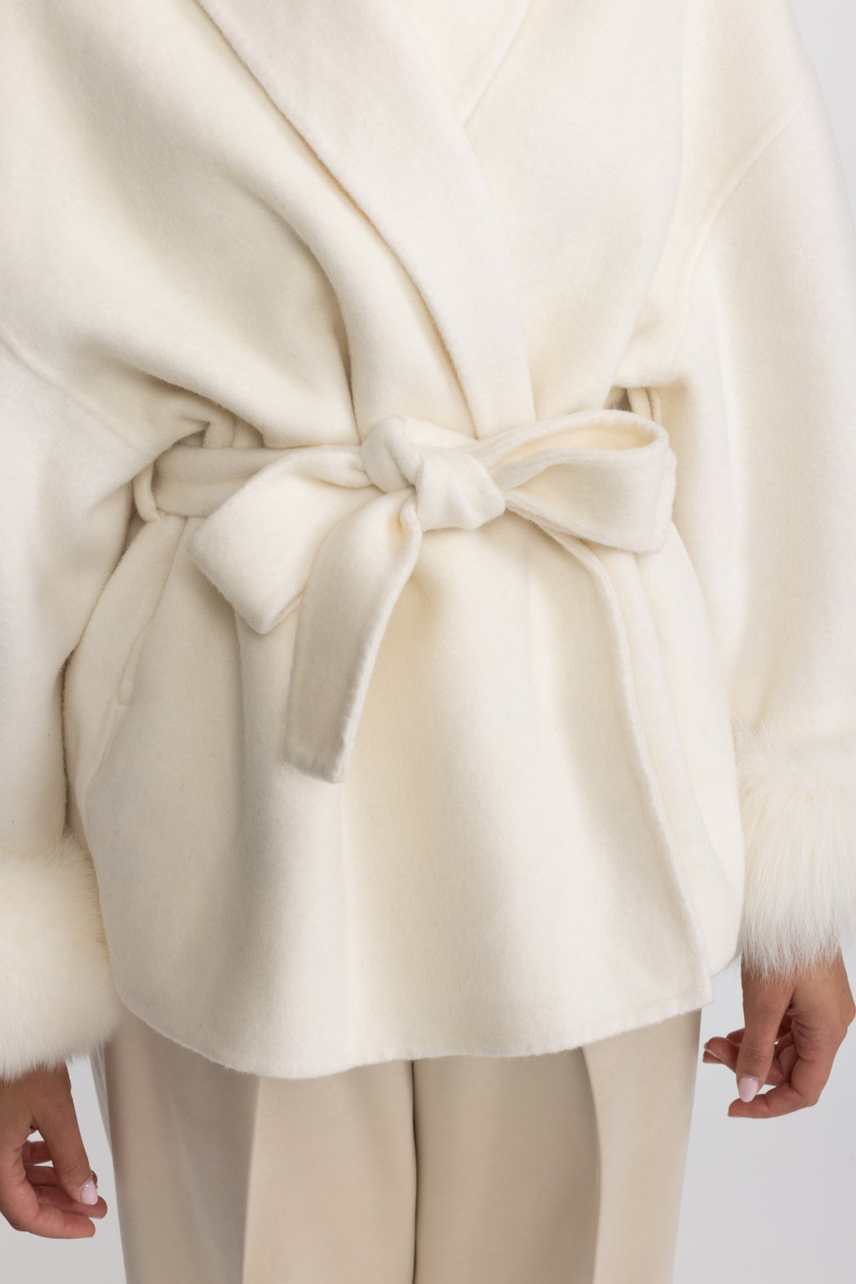 Wool Blend Wrap Jacket with Fox Fur Cuffs - Ivoire