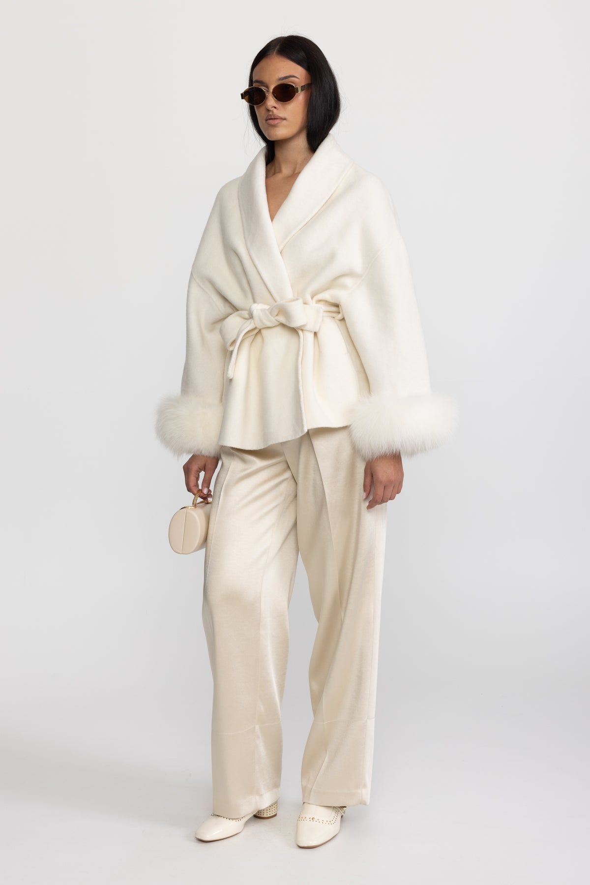 Wool Blend Wrap Jacket with Fox Fur Cuffs - Ivoire
