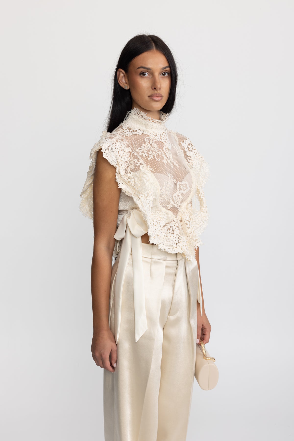 Sheer Lace Ruffle Mock Neck Top - Ivoire