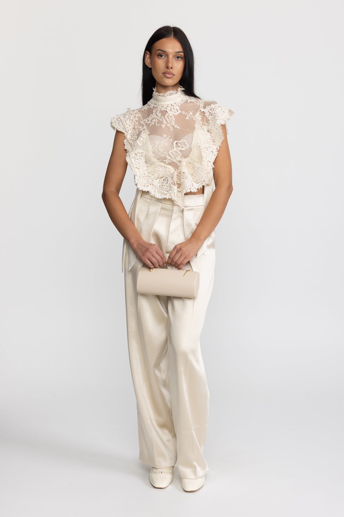 Sheer Lace Ruffle Mock Neck Top - Ivoire