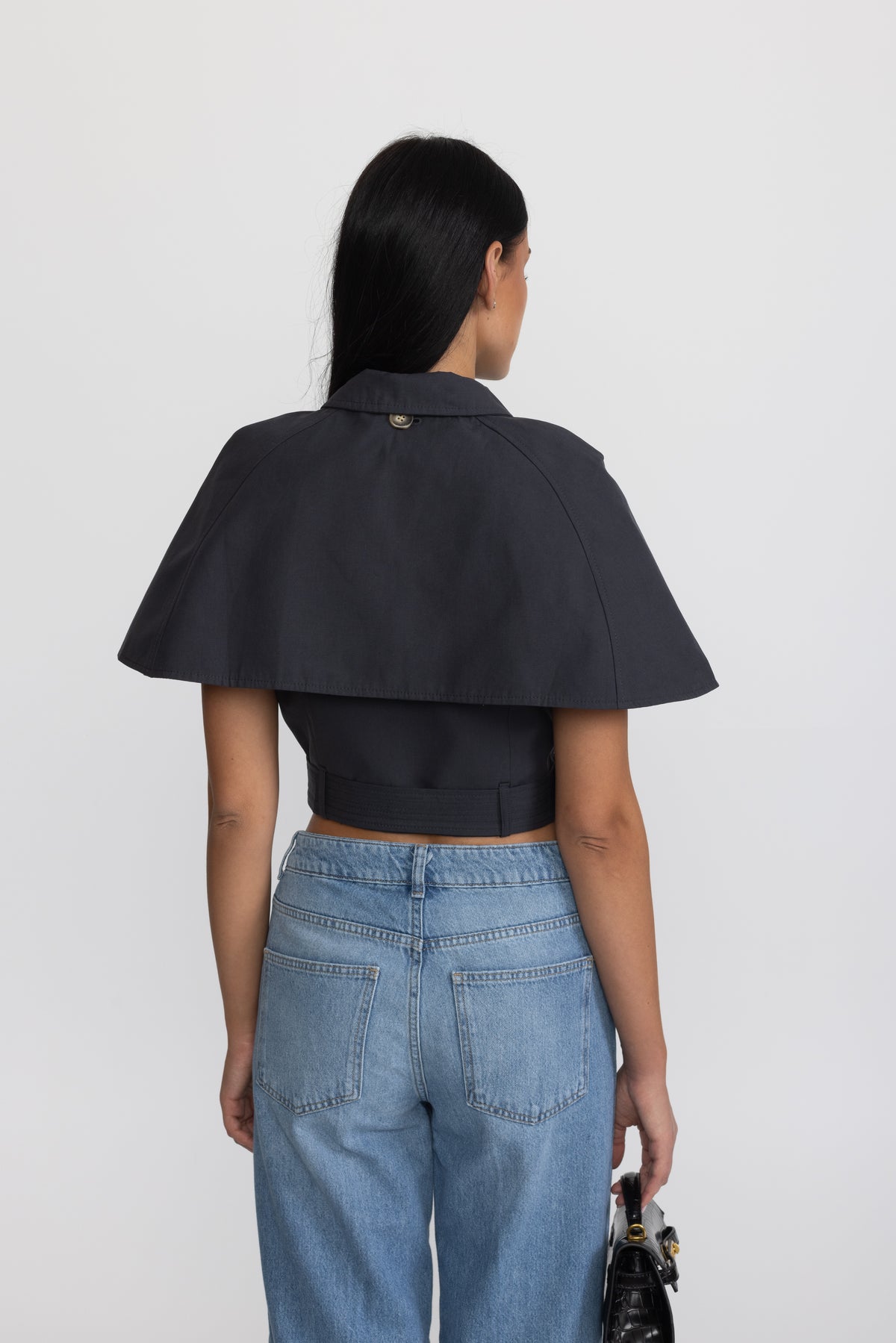 Cropped Trench Cape Top with Belt - Navy