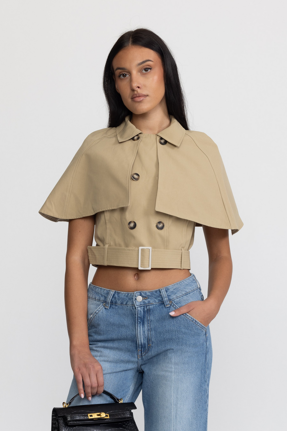 Top cropped trench a mantella con cintura - kaki 