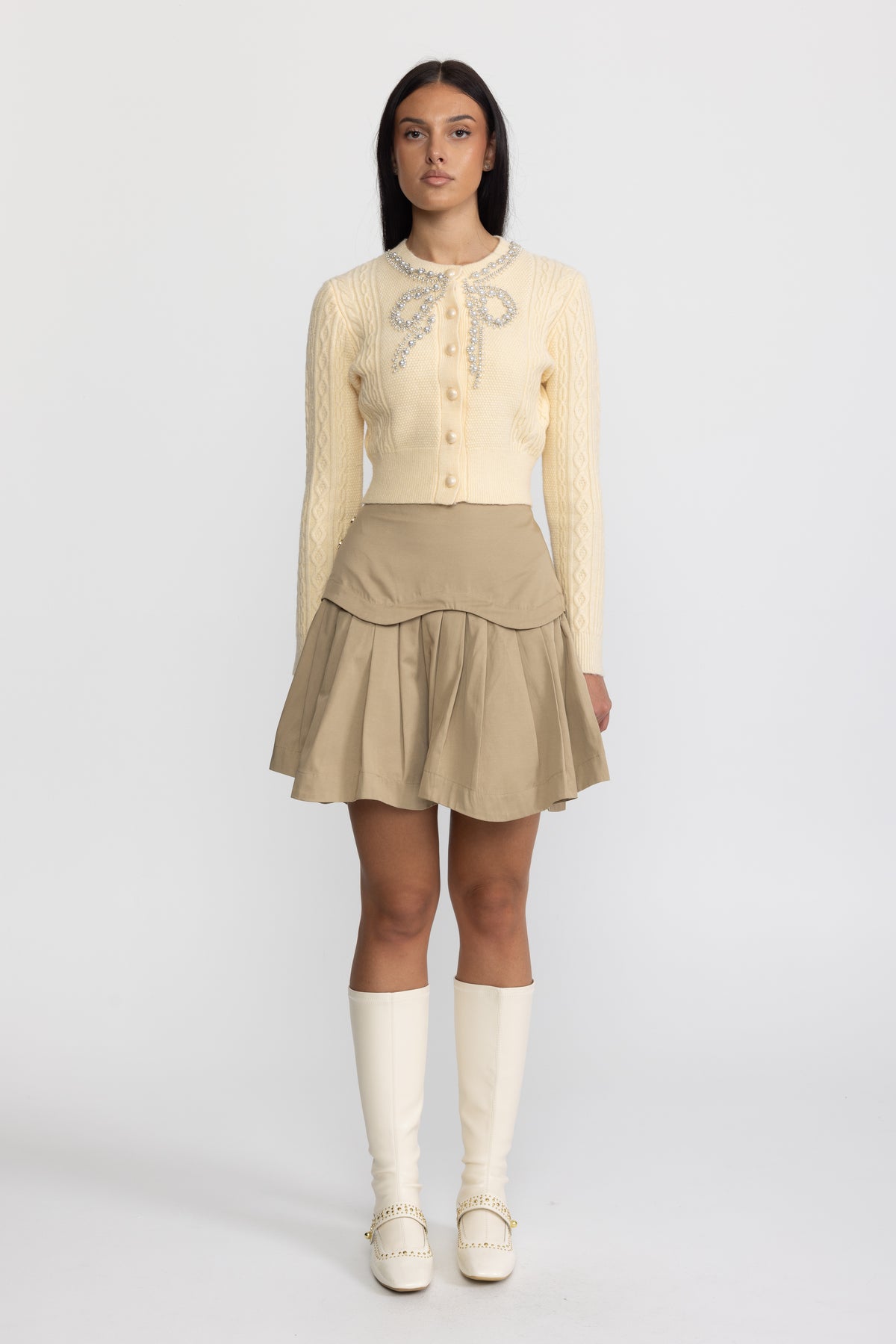 Pearl Bow Embellished Cable Knit Cardigan - Yellow