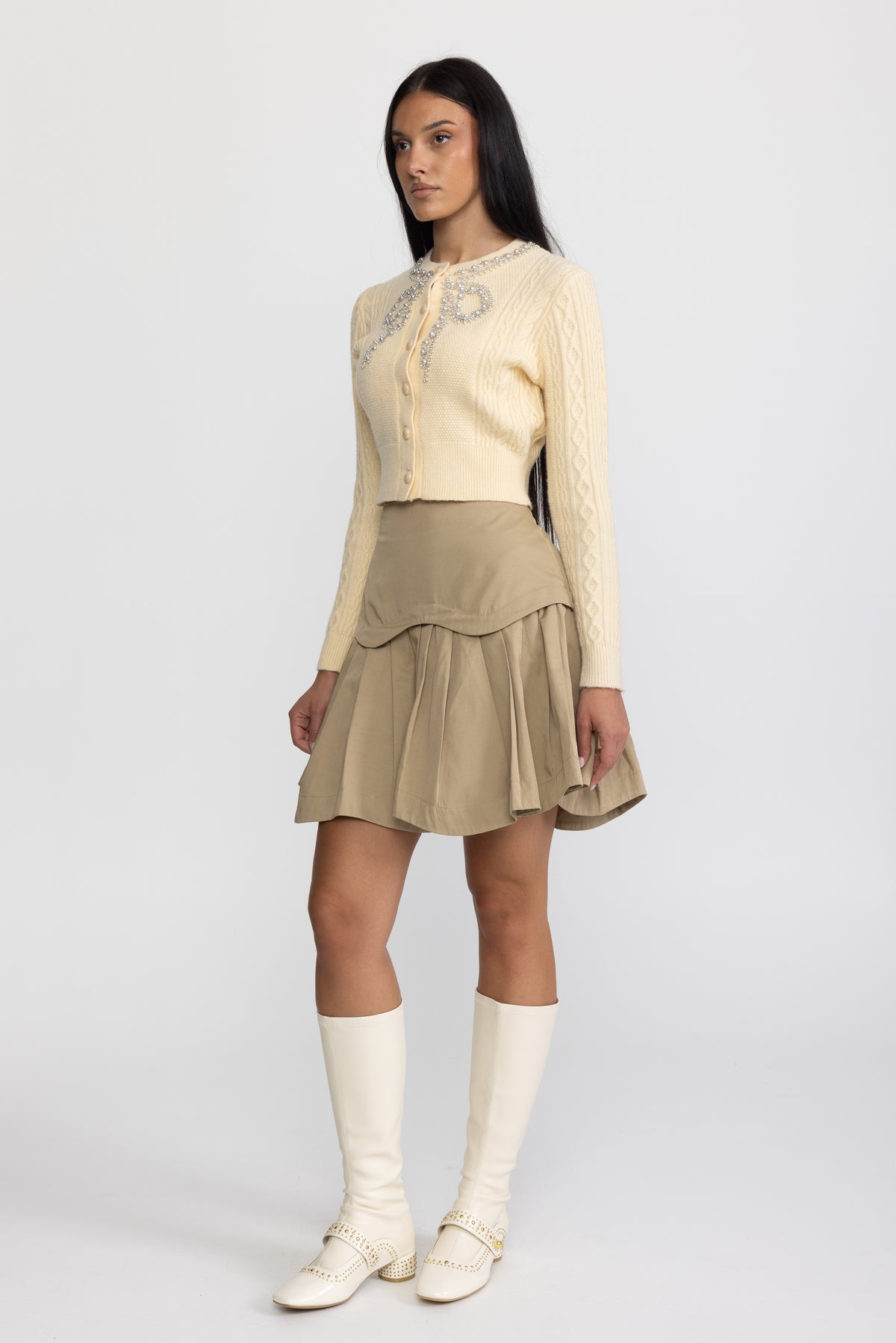 Pearl Bow Embellished Cable Knit Cardigan - Yellow