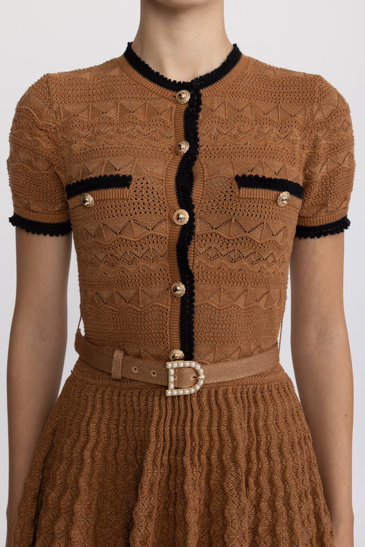 Metallic Pointelle Knit Belted Dress with Contrast Trim - Caramel