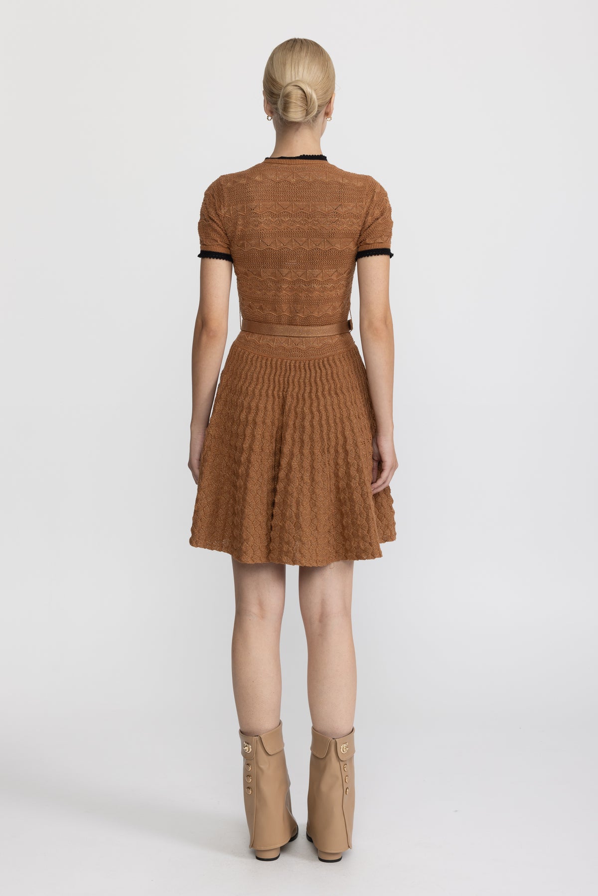 Metallic Pointelle Knit Belted Dress with Contrast Trim - Caramel