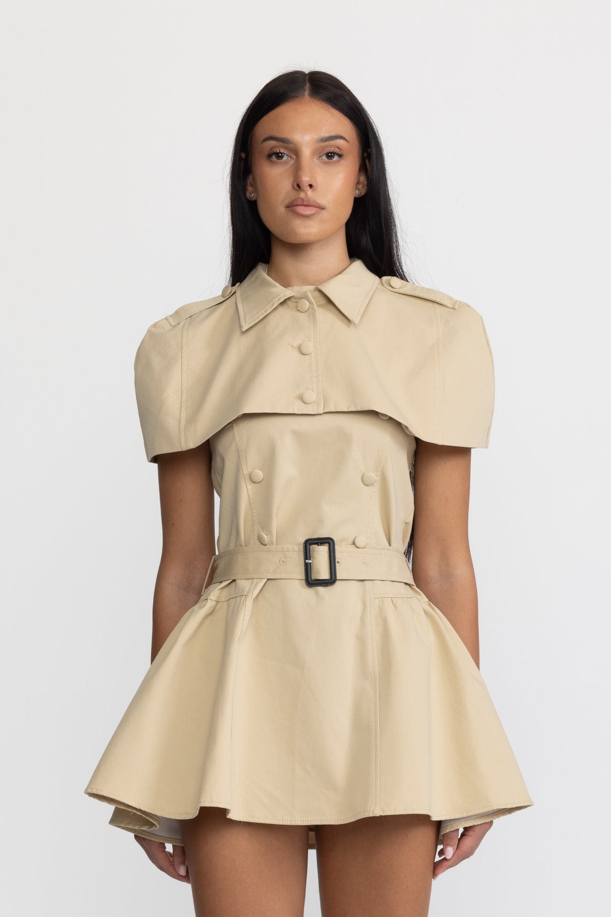 Abito mini trench con scollo all’americana e mantellina removibile - Khaki 