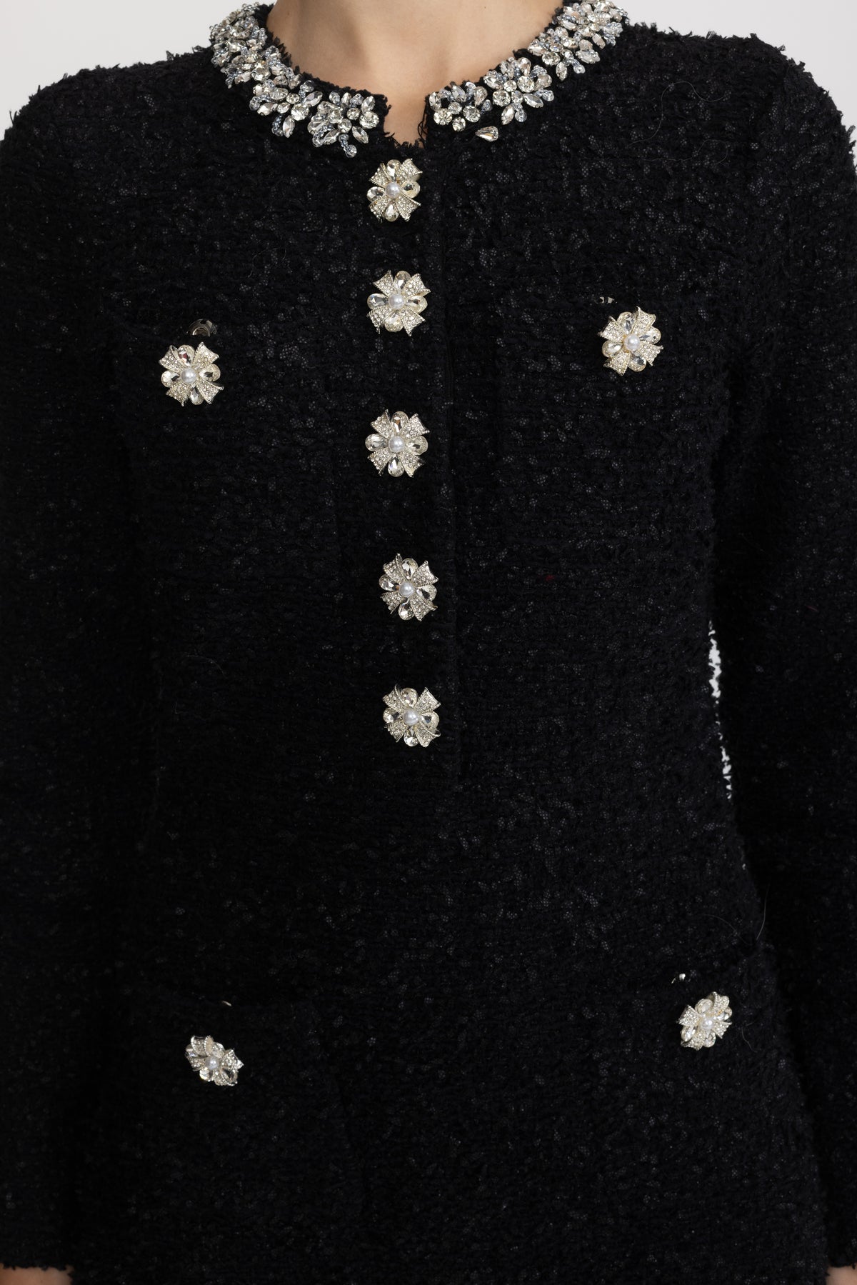 Mini abito in maglia bouclé con cristalli applicati - Nero 