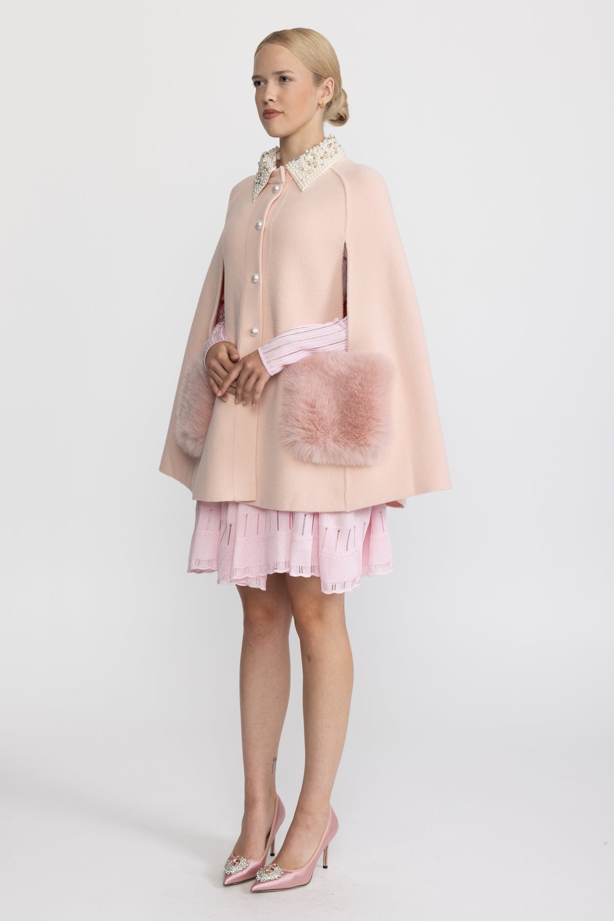 Pearl Embellished Collar Cape with Faux Fur Pockets - Pink