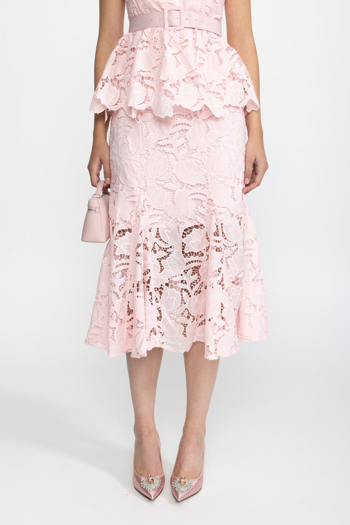 Abito midi peplum in pizzo guipure - Rosa 
