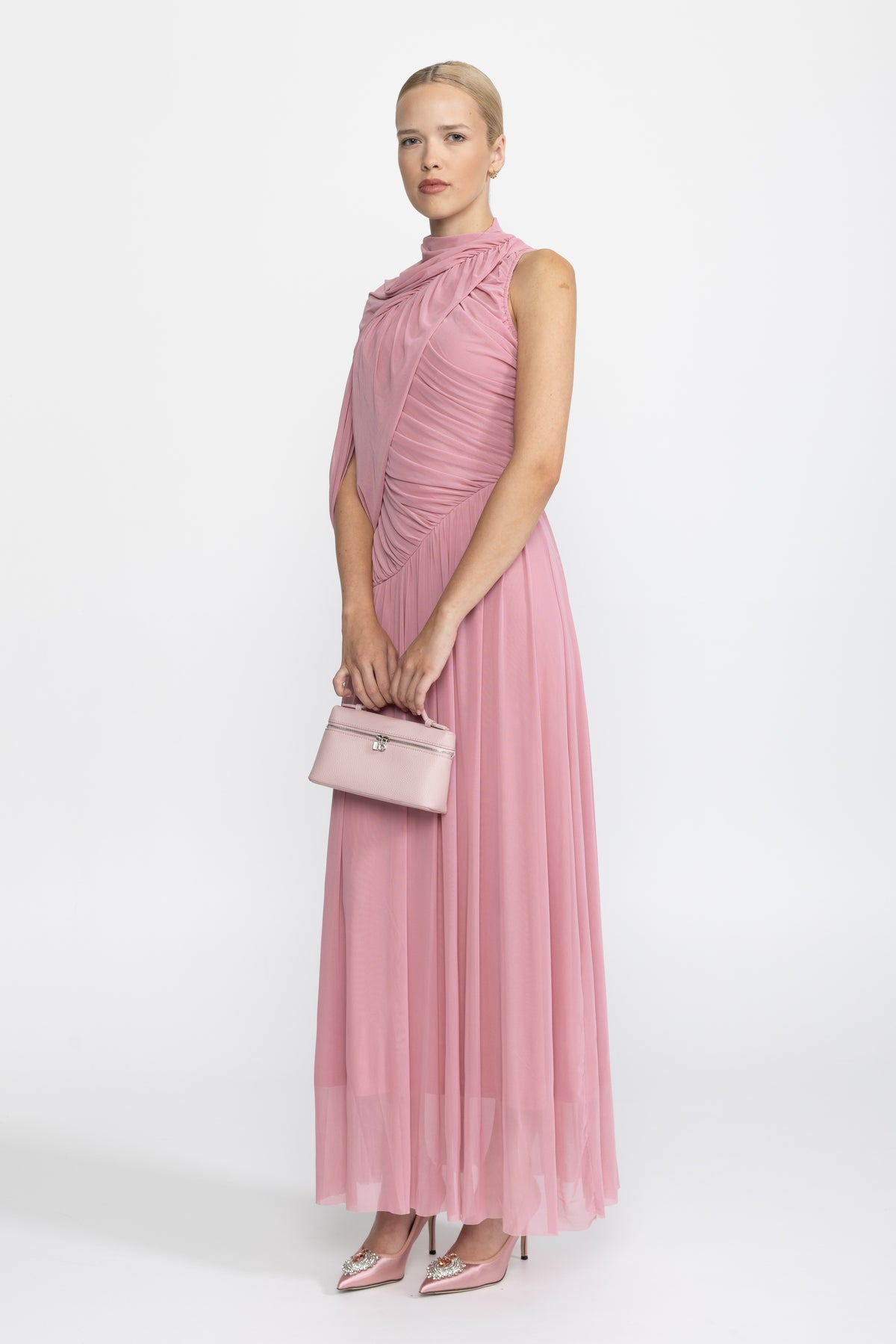 Abito lungo in mesh con scollo drappeggiato a sciarpa - Rosa 