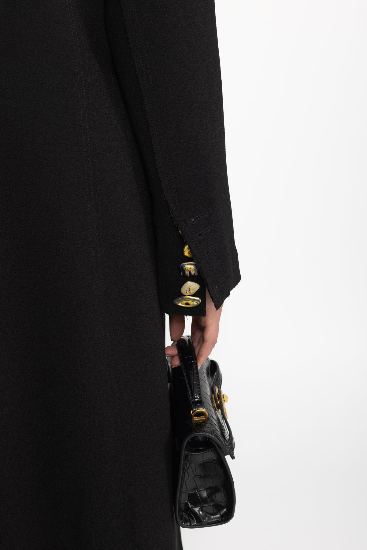 Cappotto lungo doppiopetto con rever decorato - Nero 