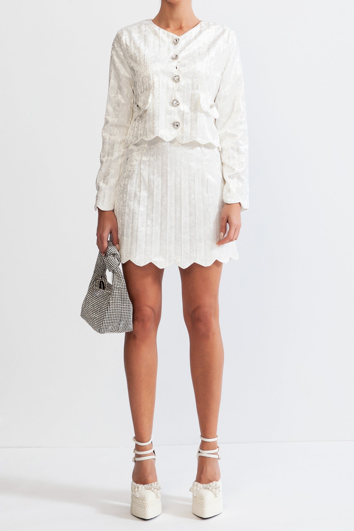 Coordinato in velluto con bottoni argentati - Bianco 