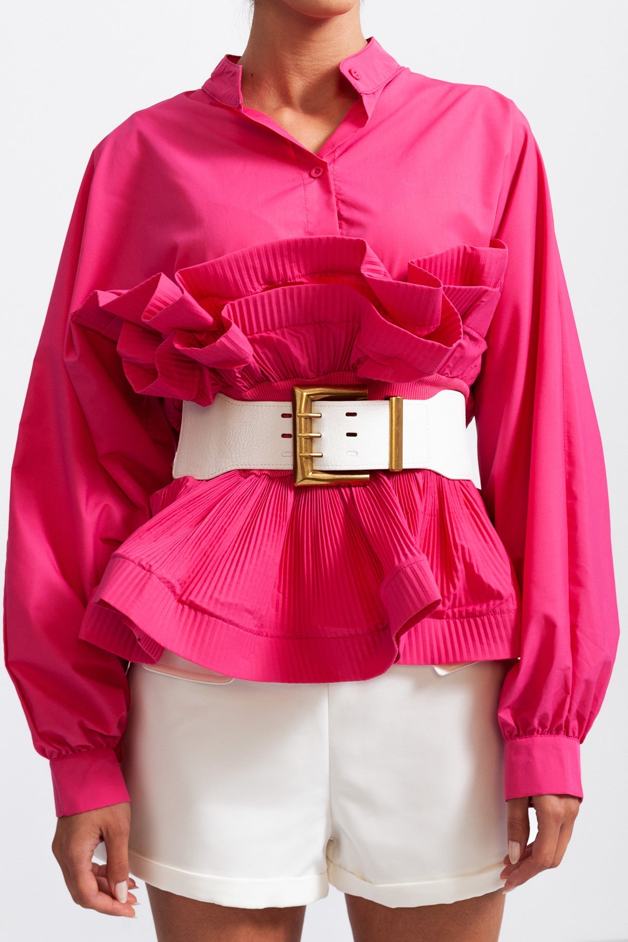 Camicia con volant e cintura massiccia - Fucsia 