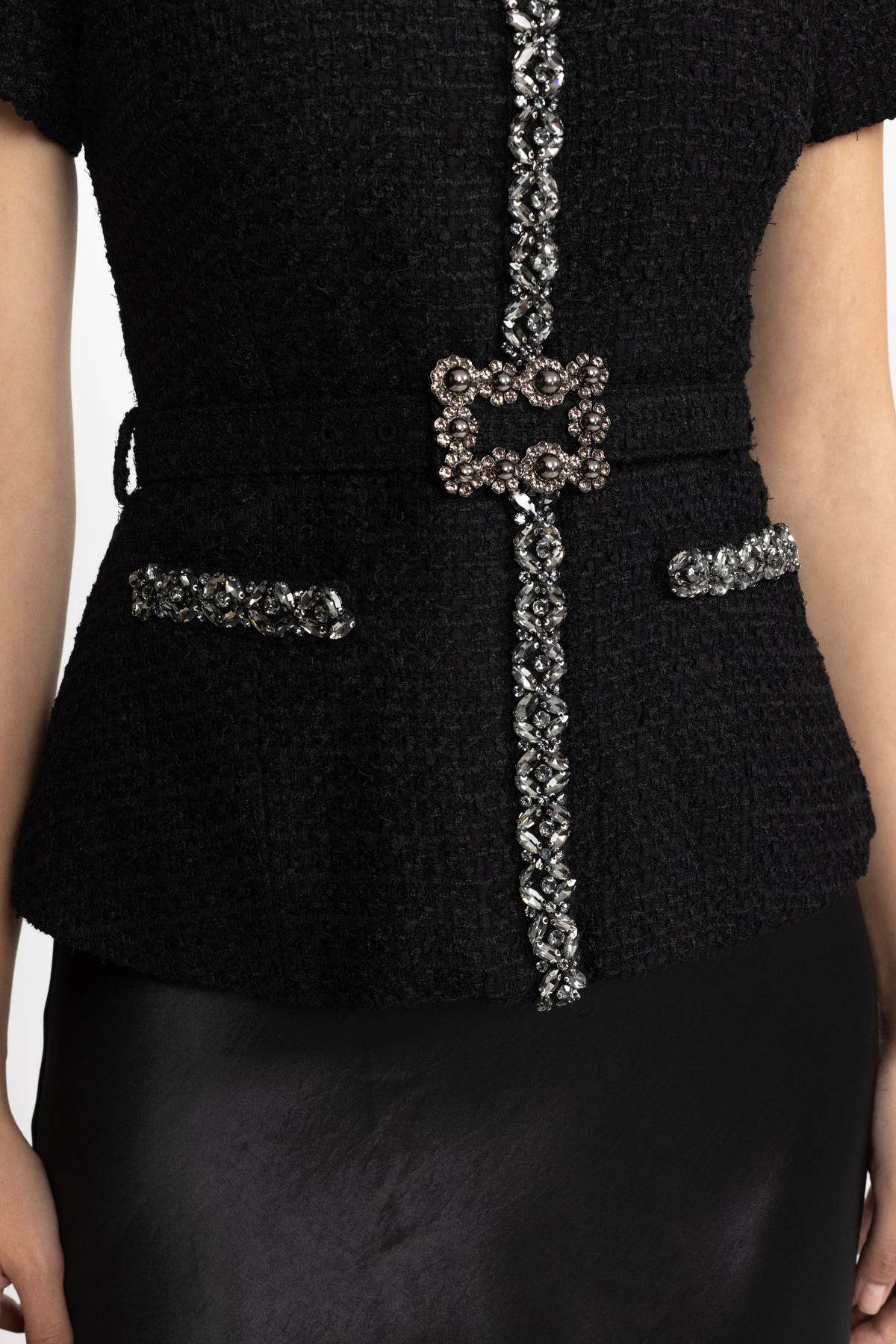 Crystal Trim Tweed and Satin Peplum Midi Dress - Black