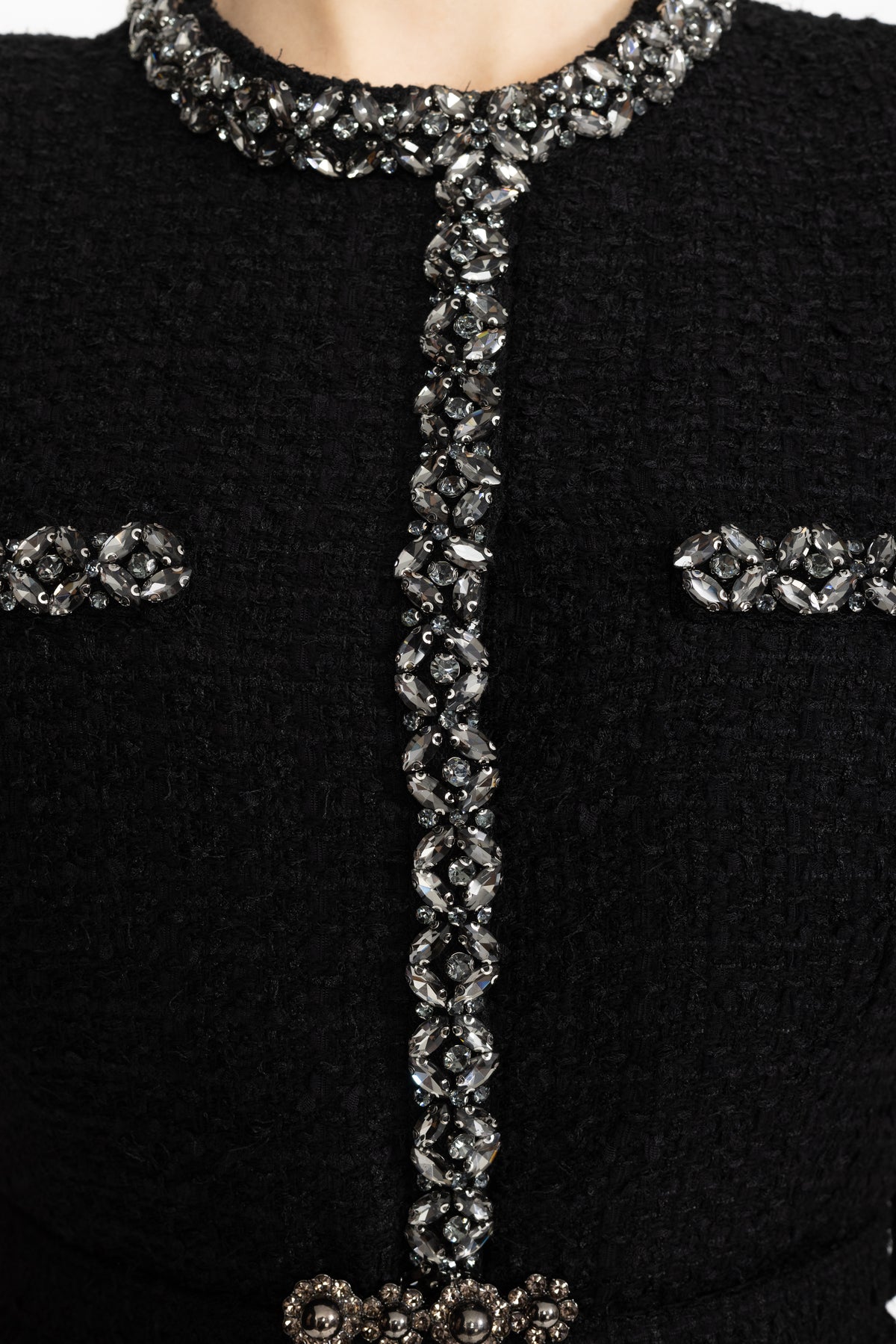 Crystal Trim Tweed and Satin Peplum Midi Dress - Black