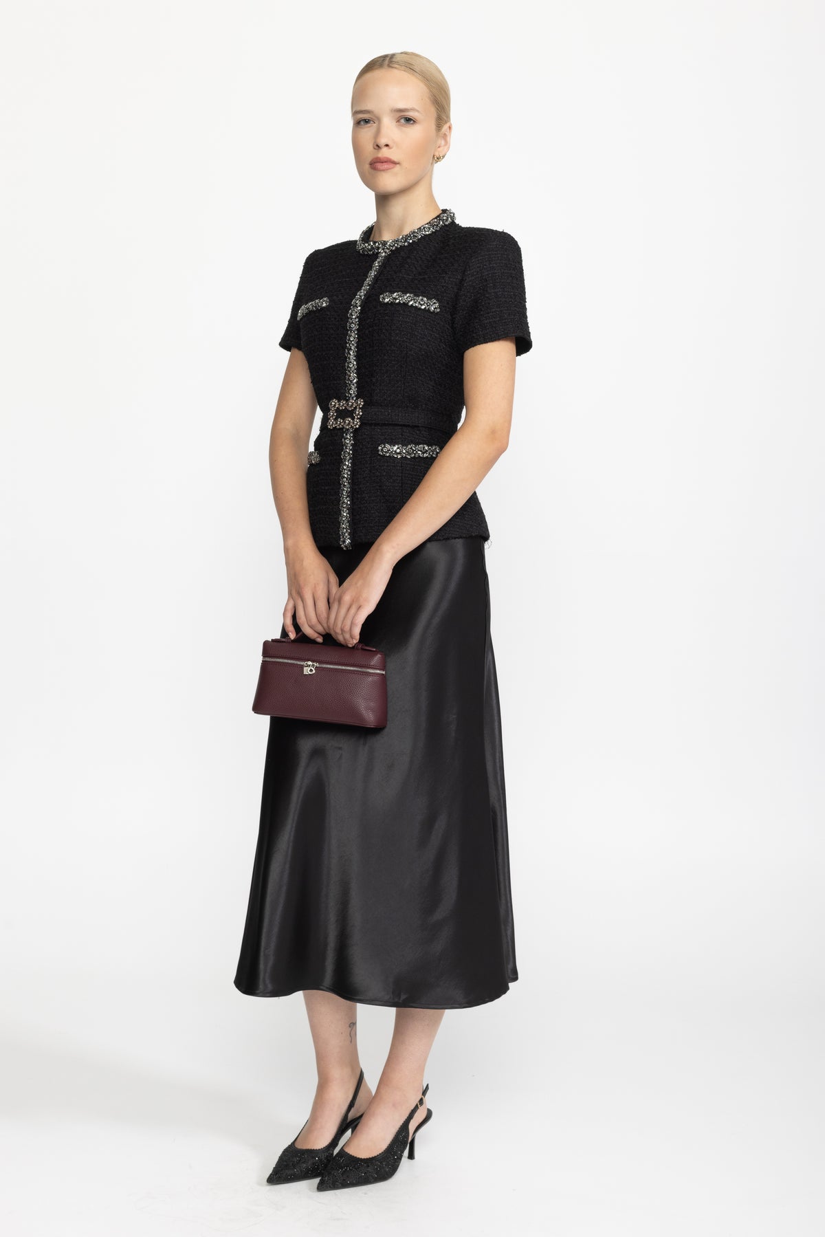 Crystal Trim Tweed and Satin Peplum Midi Dress - Black