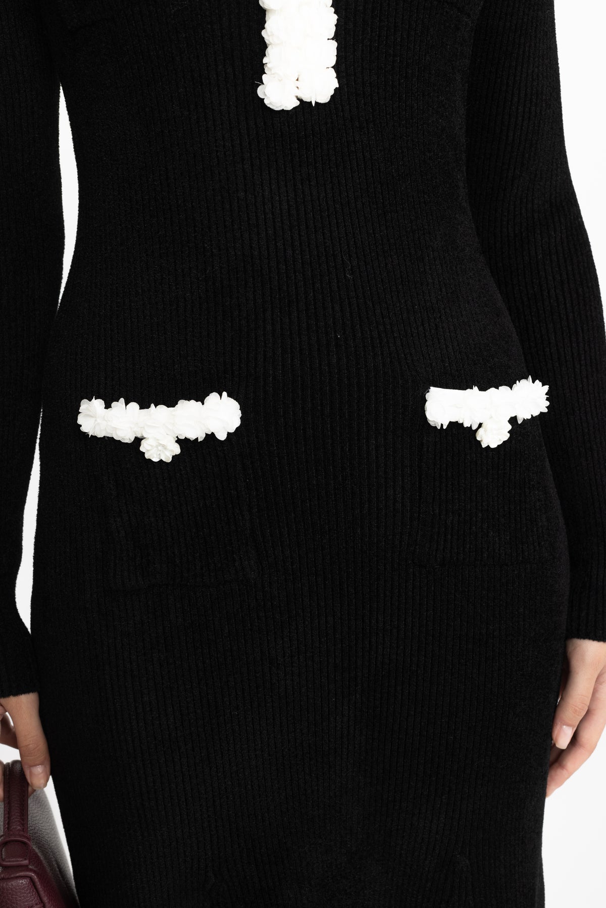 Chenille Knit Midi Dress with Contrast Bobble Trim - Black