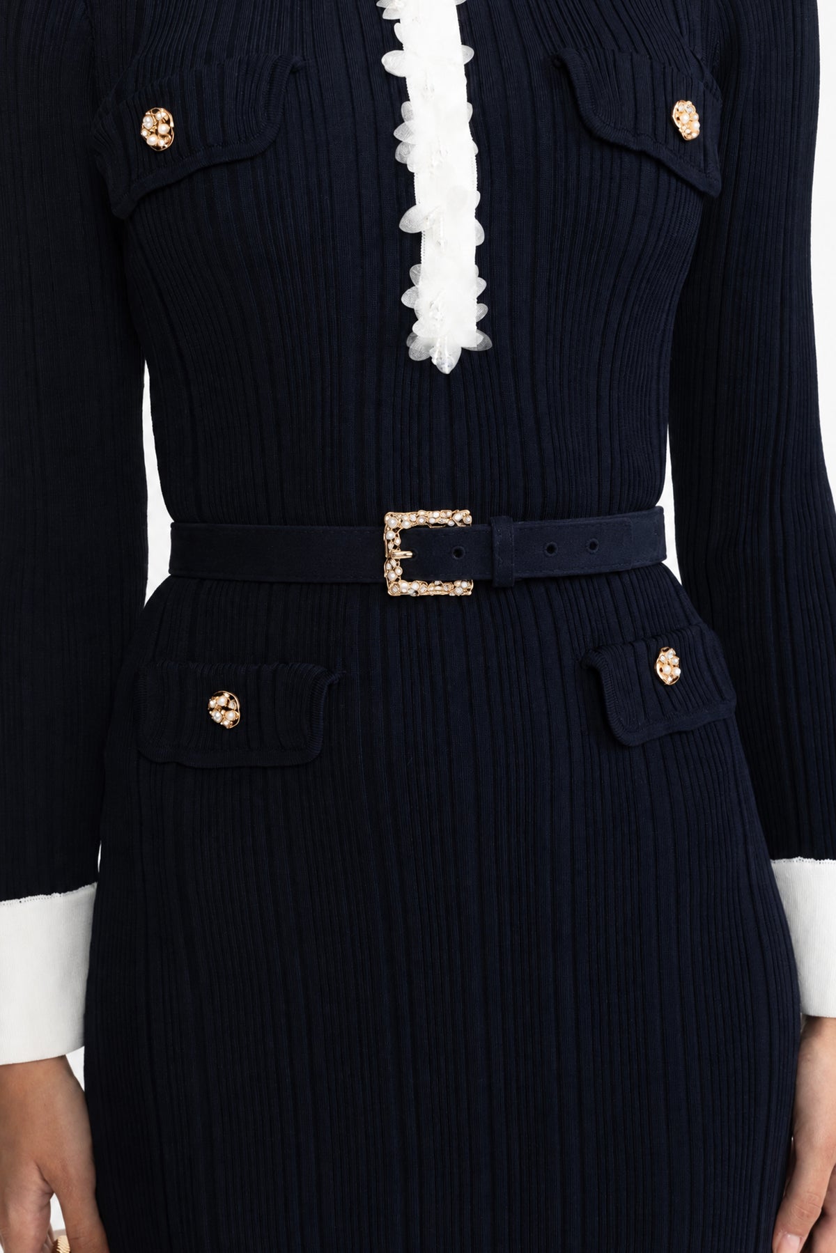 Abito midi in maglia a coste con balze in organza e cintura - blu navy 