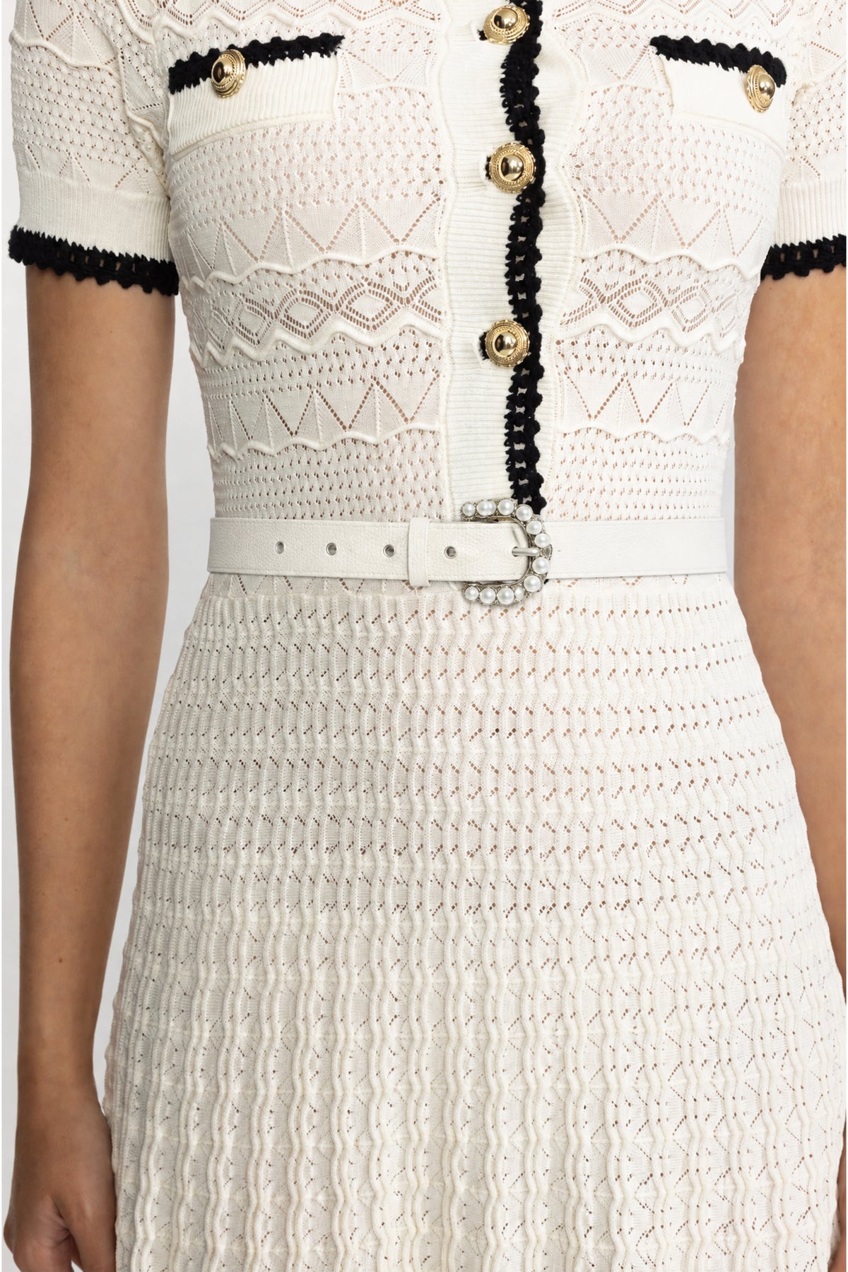 Abito midi in maglia pointelle con cintura - Ivoire 