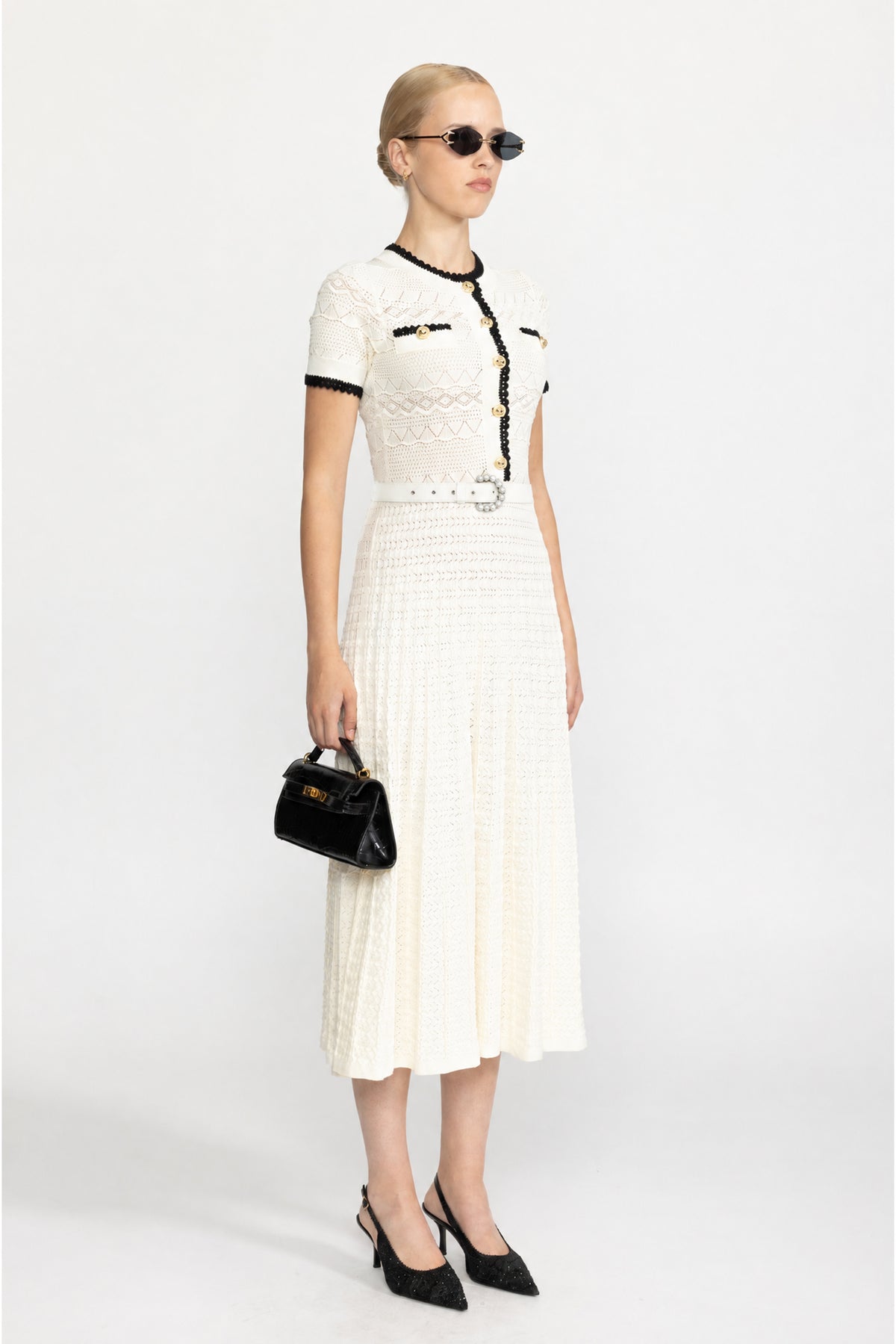 Abito midi in maglia pointelle con cintura - Ivoire 