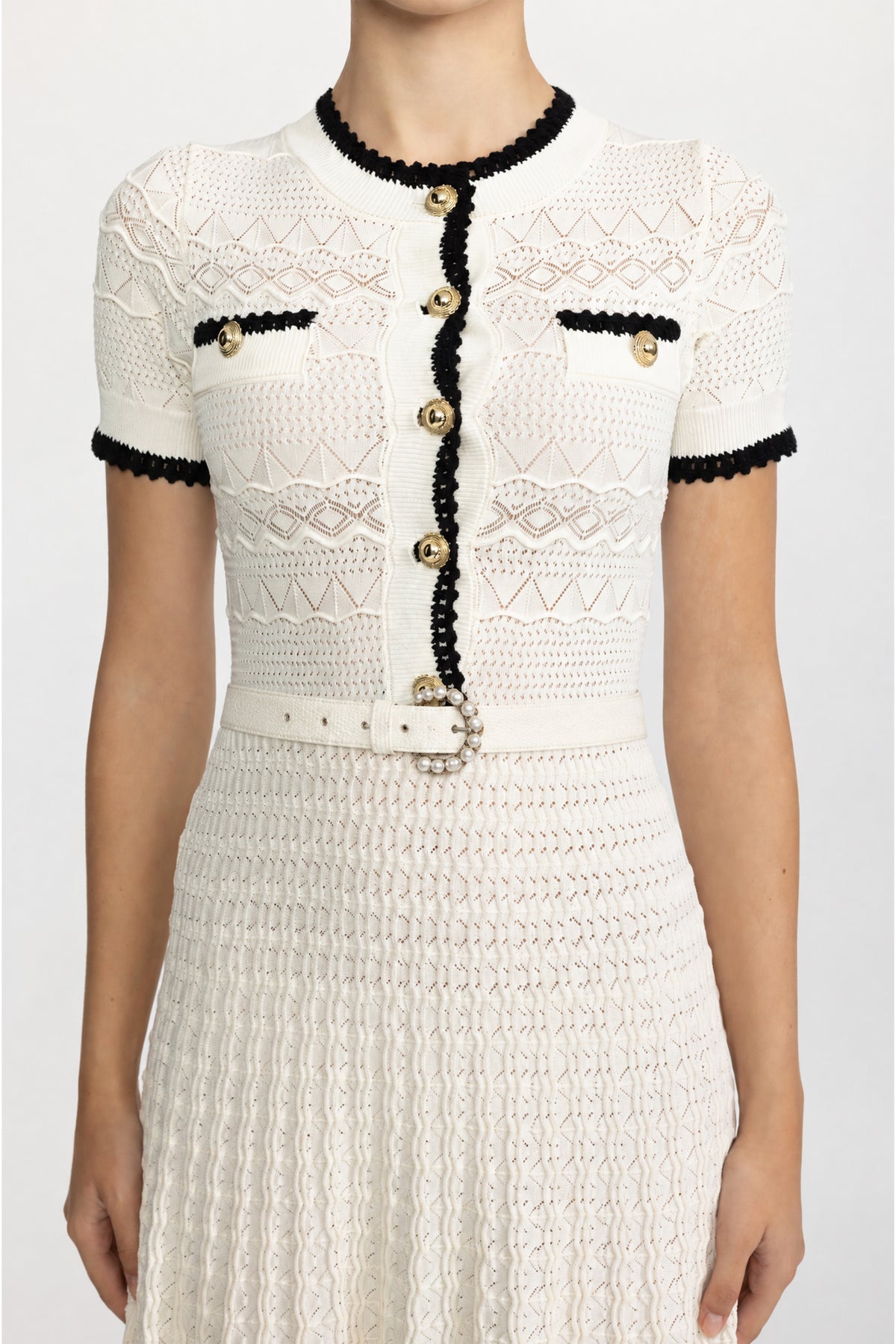 Abito midi in maglia pointelle con cintura - Ivoire 