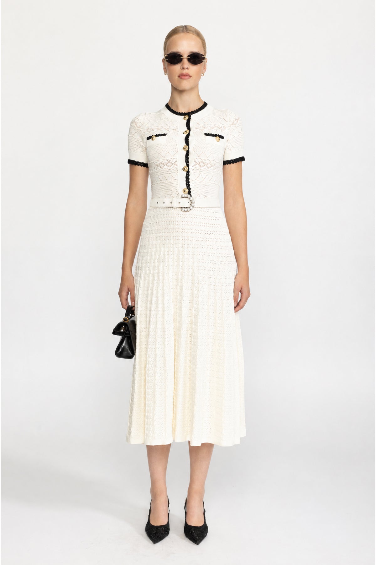 Abito midi in maglia pointelle con cintura - Ivoire 
