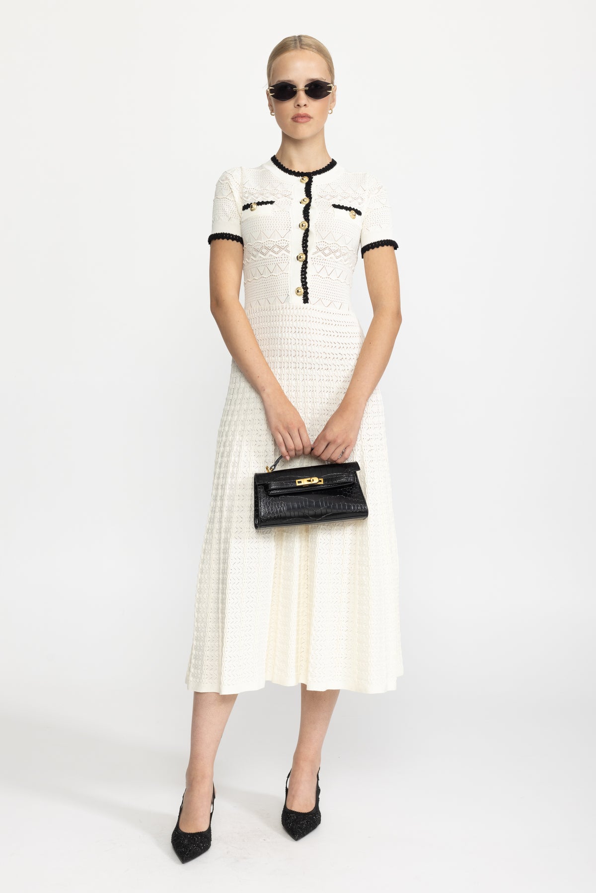 Abito midi in maglia pointelle con cintura - Ivoire 