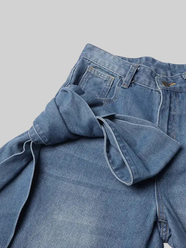 Jeans a gamba larga con dettagli a fiocco - Blu 
