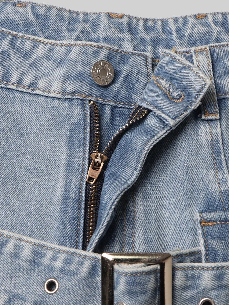 Jeans a gamba larga con fibbia e tagli - Blu 