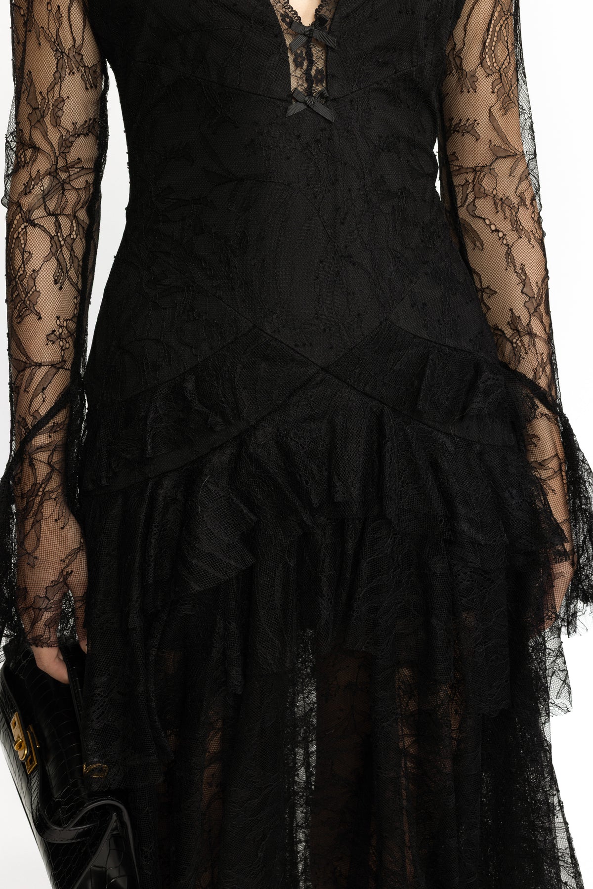 Abito lungo a balze in pizzo Chantilly - Nero 