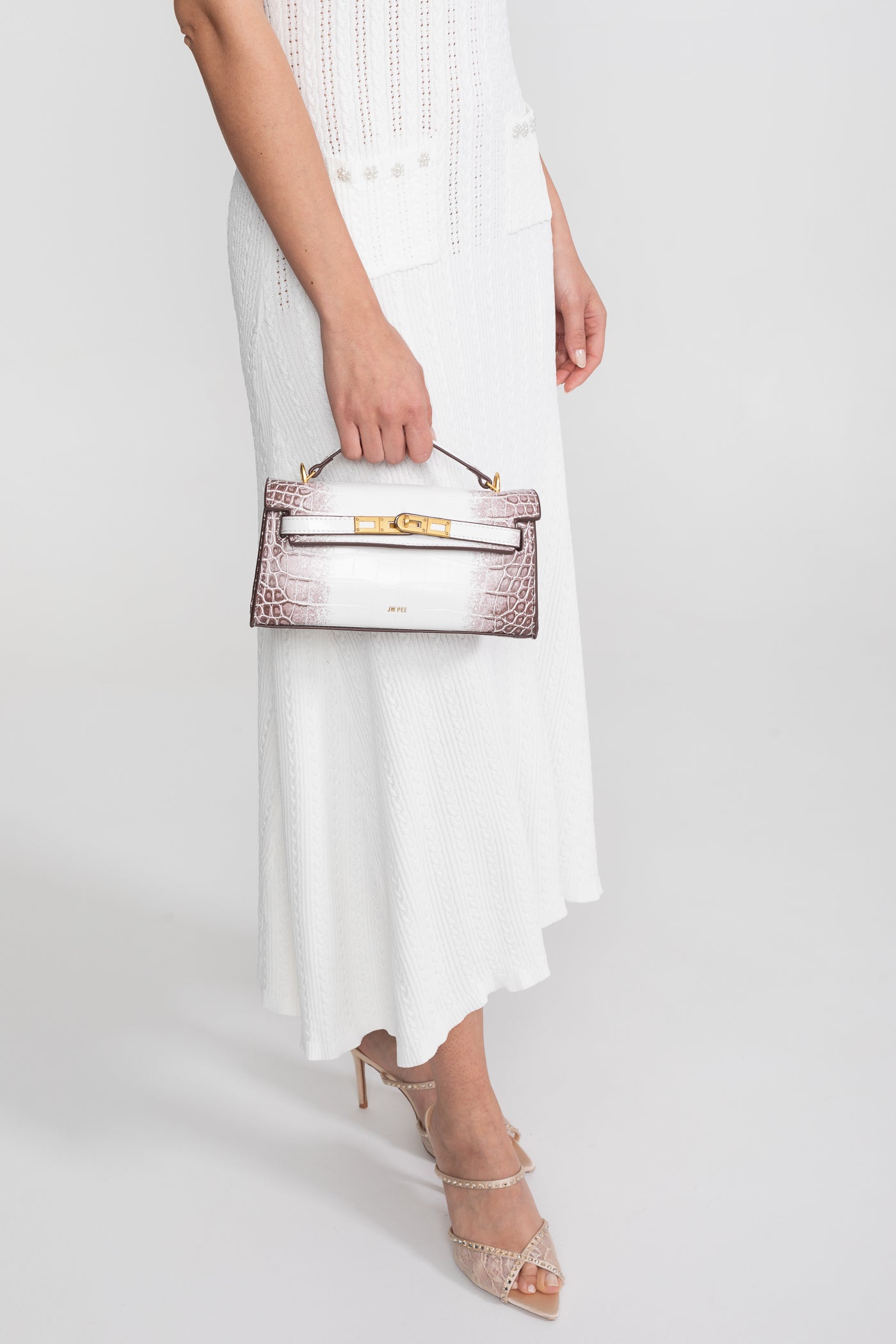 Borsa Mini Strutturata in Stile Kelly con Finiture Dorate - Off-White Effetto Coccodrillo 