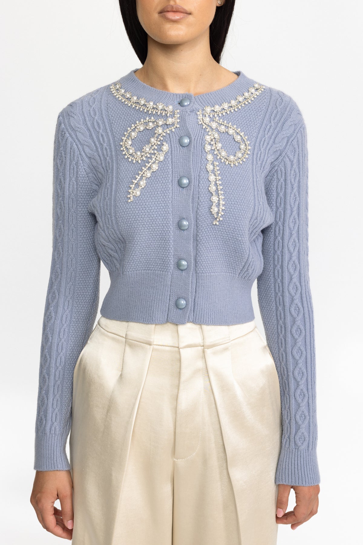 Pearl Bow Embellished Cable Knit Cardigan - Blue