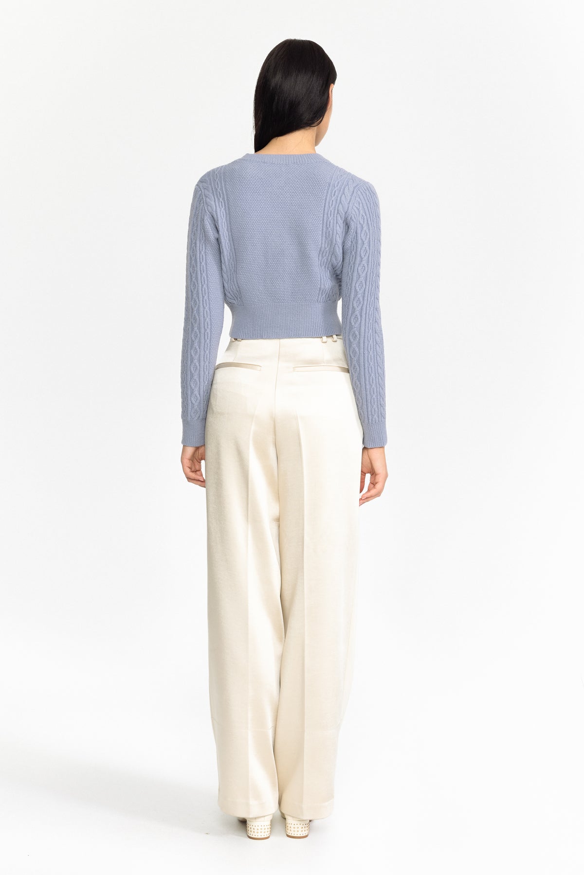 Pearl Bow Embellished Cable Knit Cardigan - Blue