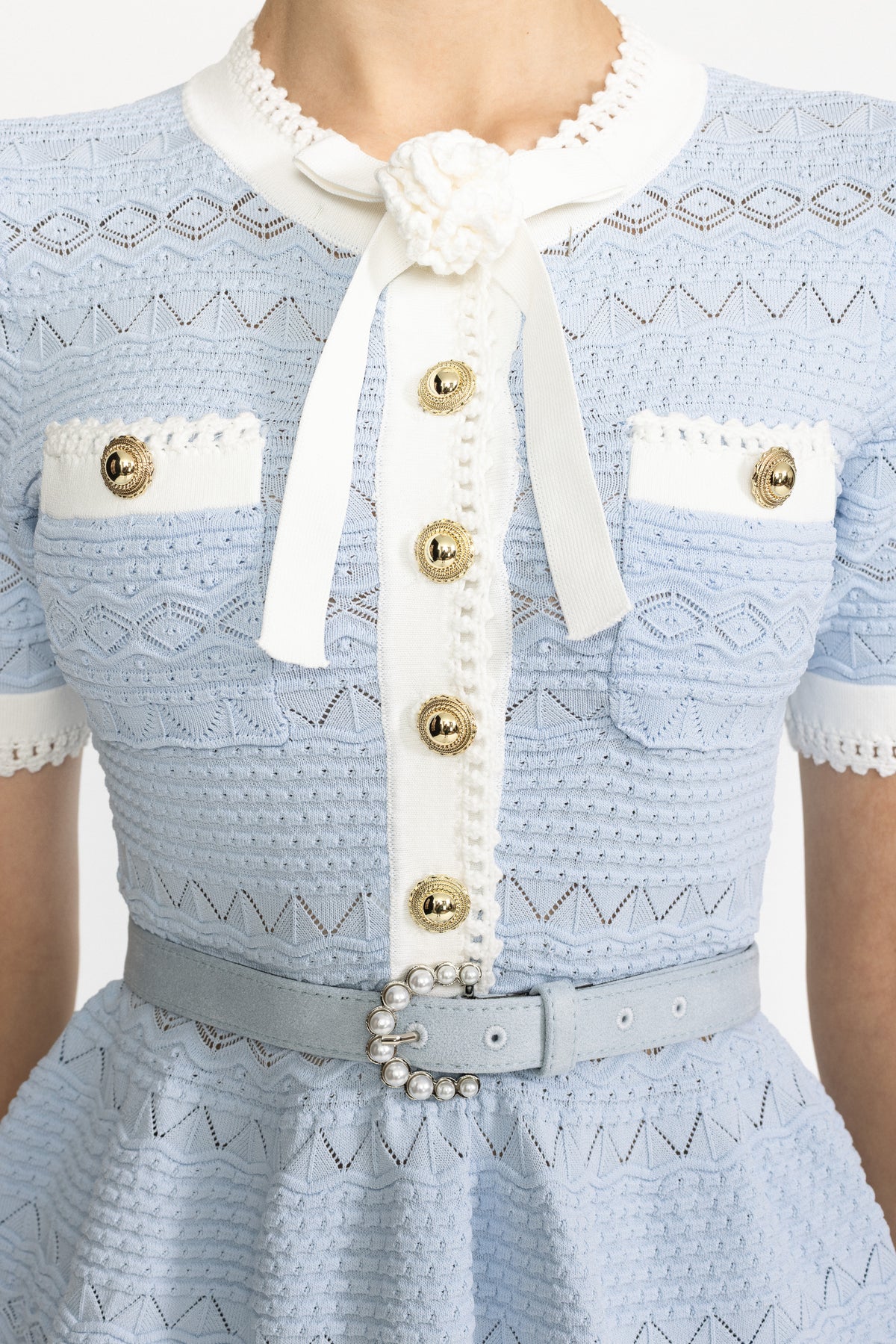 Pointelle Knit Bow Peplum Top - Light Blue