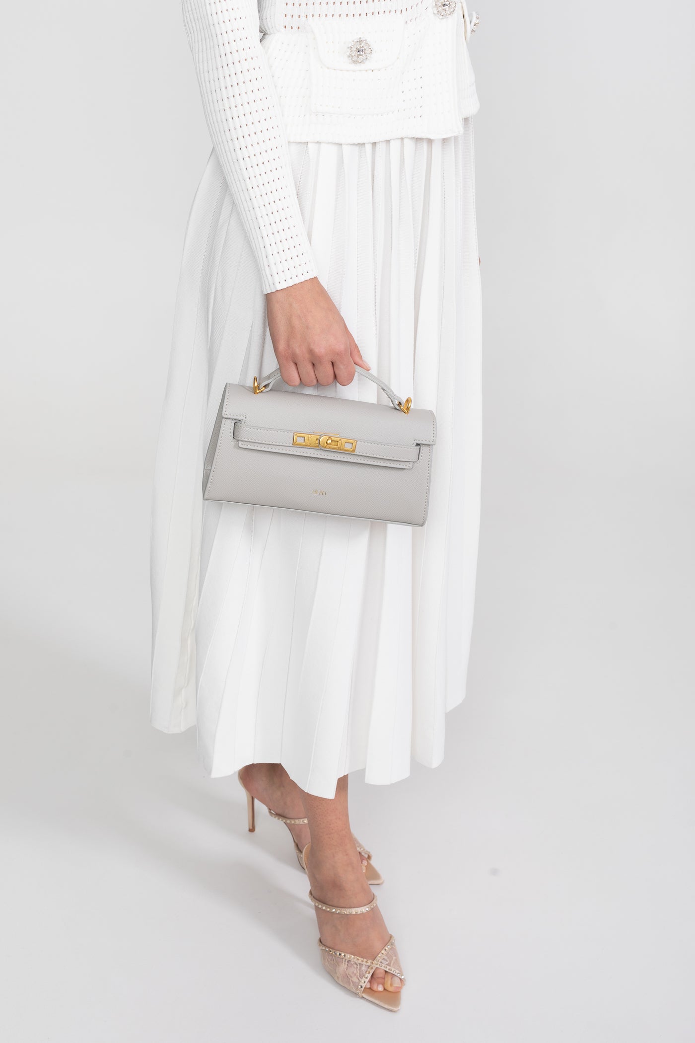 Borsa Mini Strutturata in Stile Kelly con Hardware Color Oro - Grigio Chiaro 