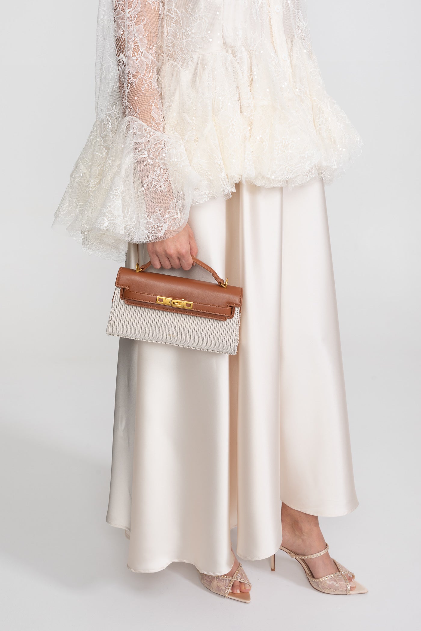 Mini bag strutturata in stile Kelly con finiture in metallo color oro - Marrone/Grigio 