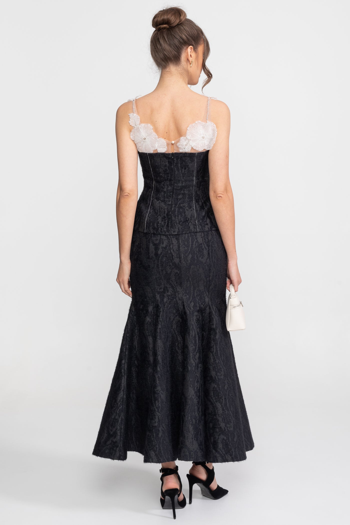 Set Maxi in jacquard con scollo floreale trasparente e vita peplum - Nero 