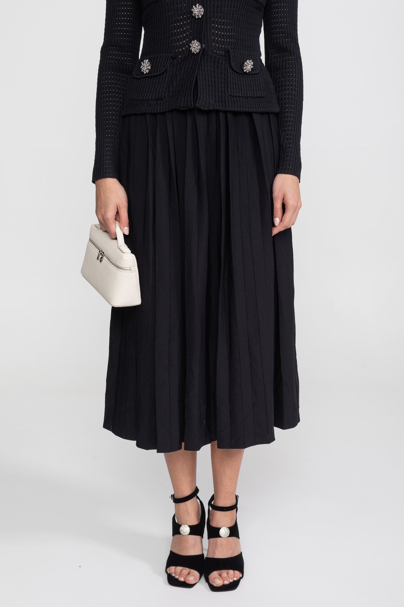 Open-Knit Dress with Pleated Midi Skirt - Black