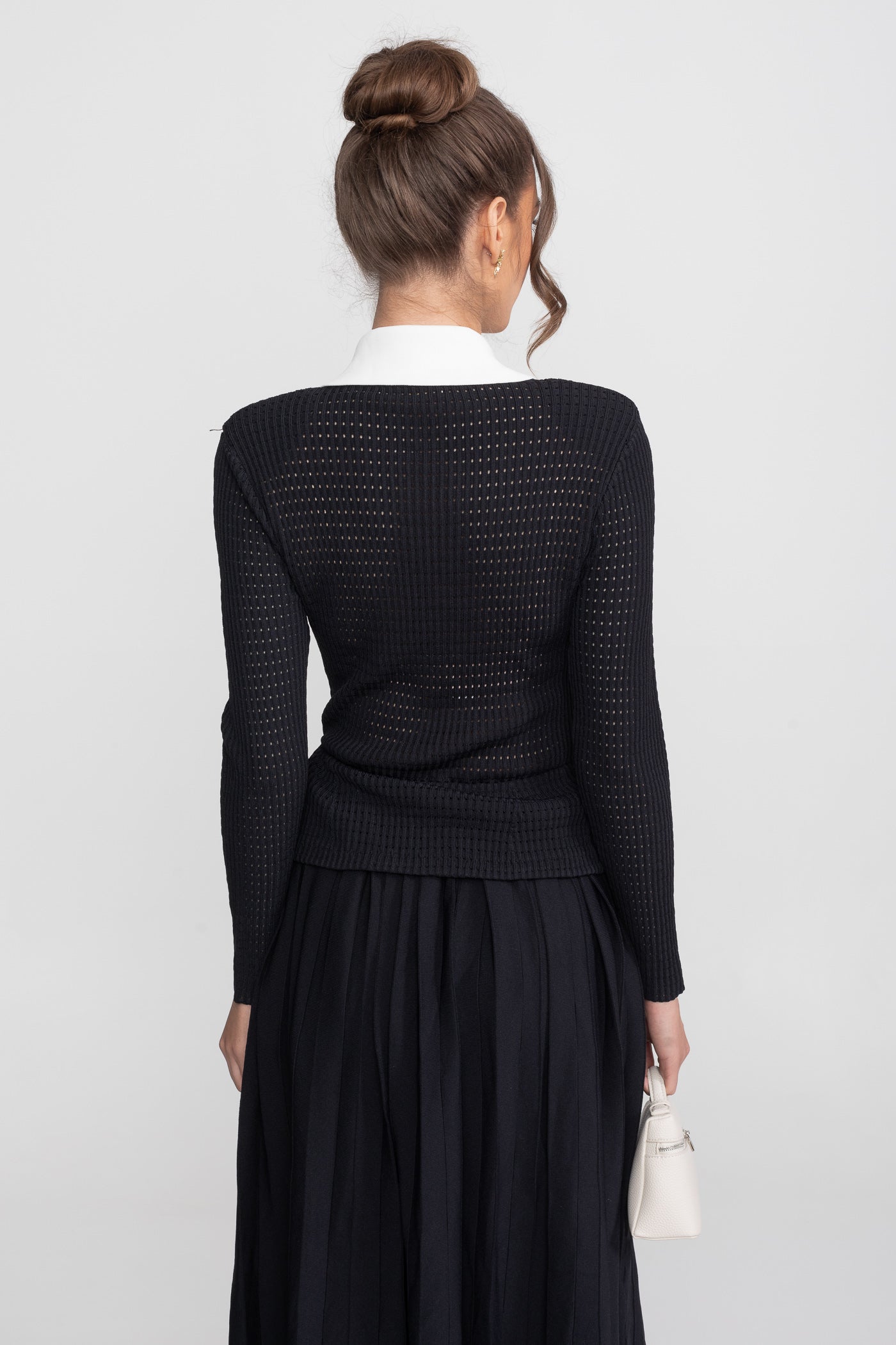 Open-Knit Dress with Pleated Midi Skirt - Black