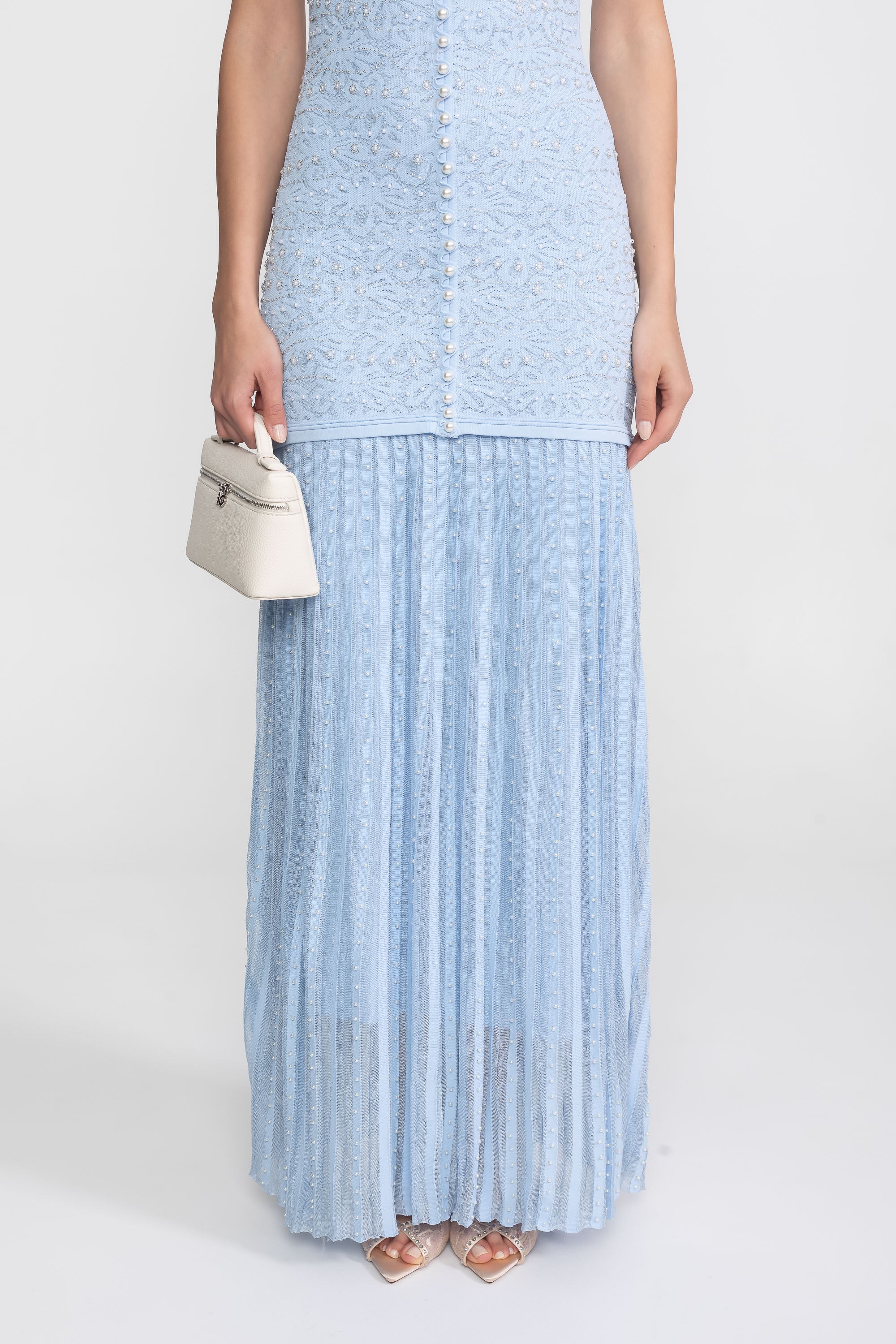 Abito Midi a Maniche Corte con Decorazioni in Perle - Powder Blue 