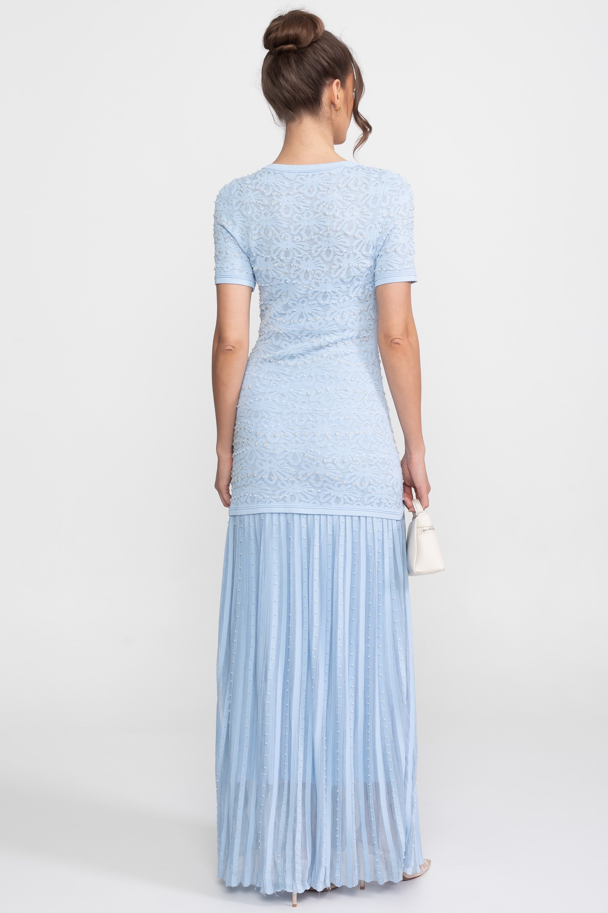 Abito Midi a Maniche Corte con Decorazioni in Perle - Powder Blue 