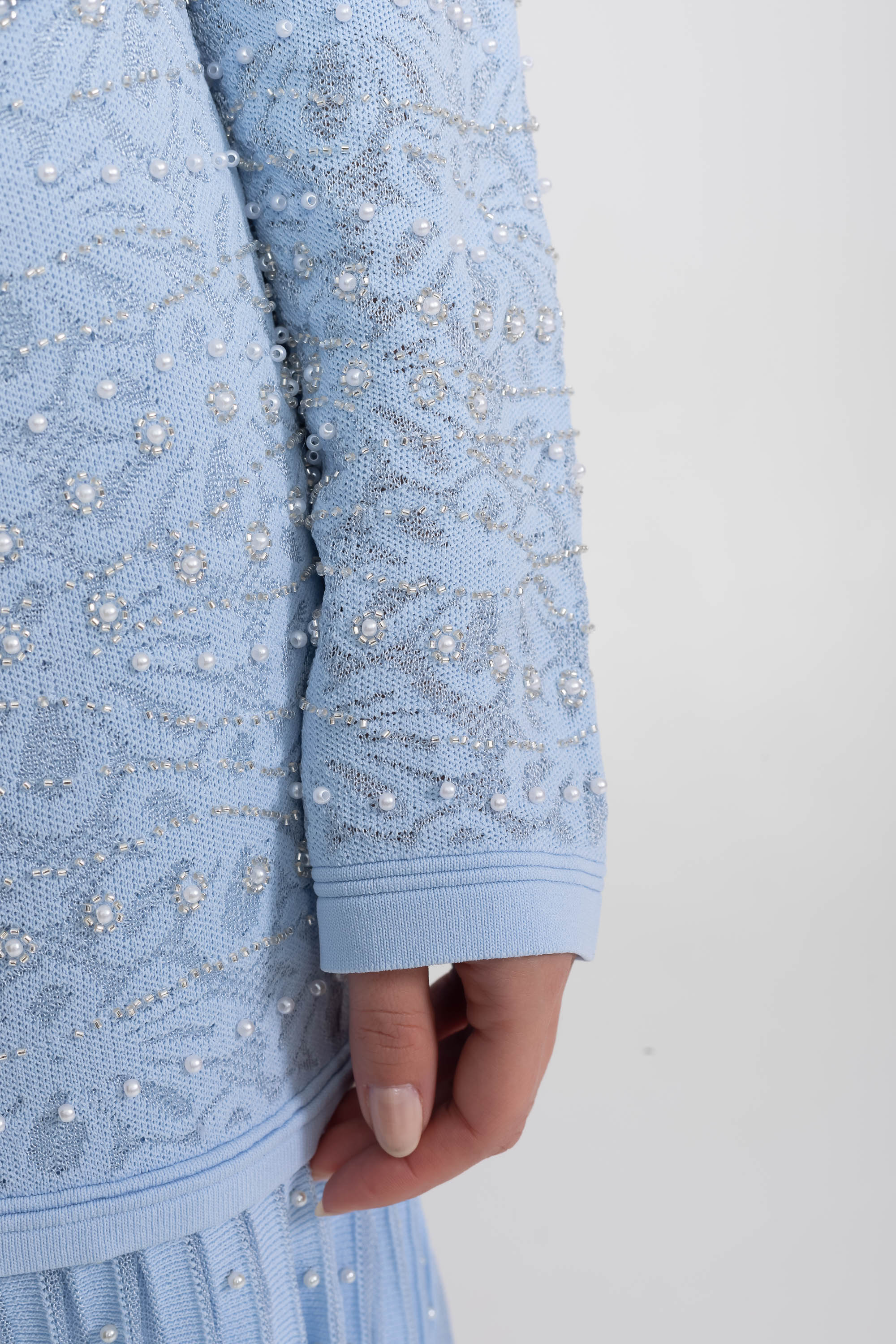 Top a Manica Lunga Decorato con Chiusura a Bottoni di Perla - Blue 
