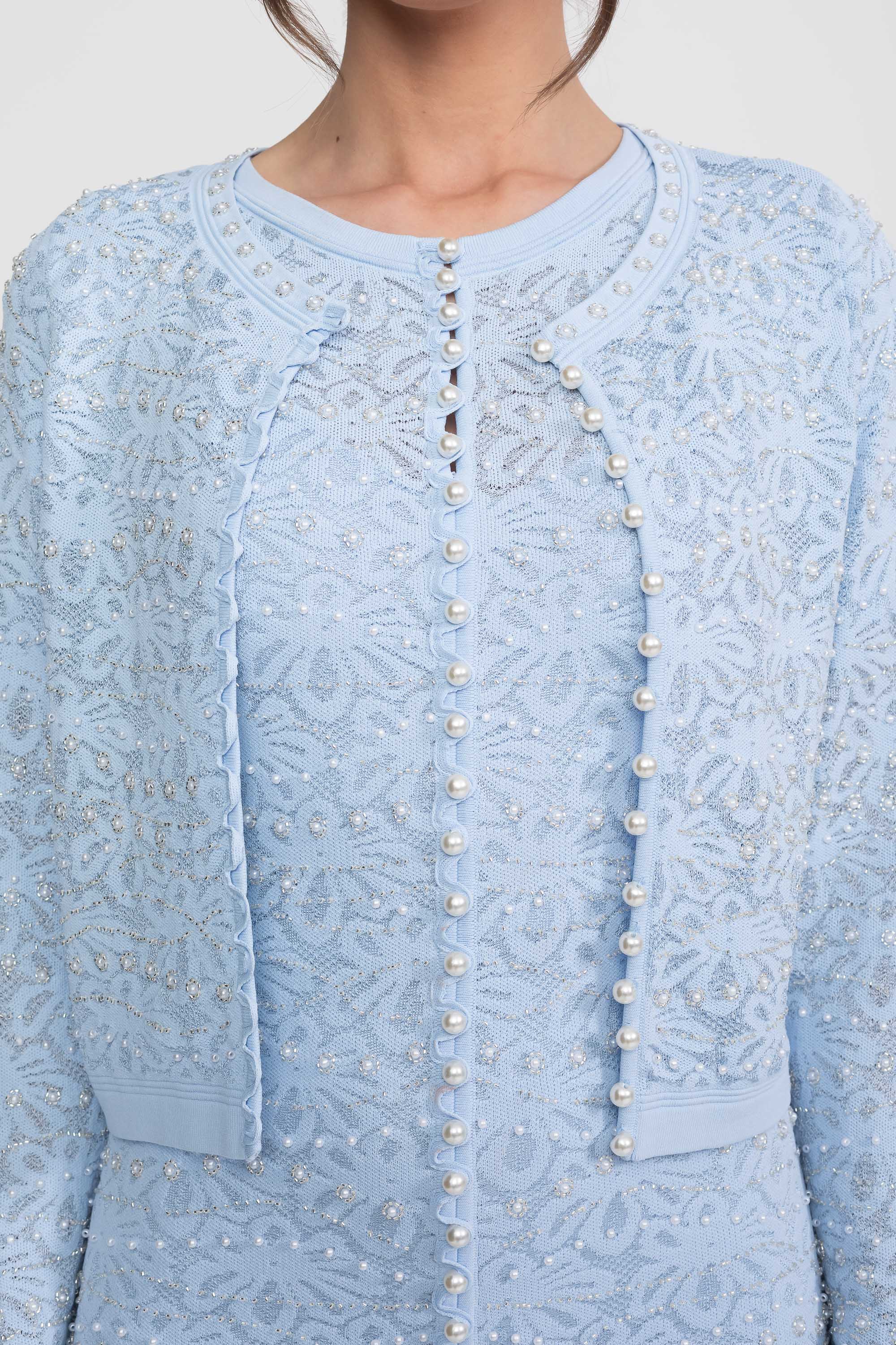 Top a Manica Lunga Decorato con Chiusura a Bottoni di Perla - Blue 