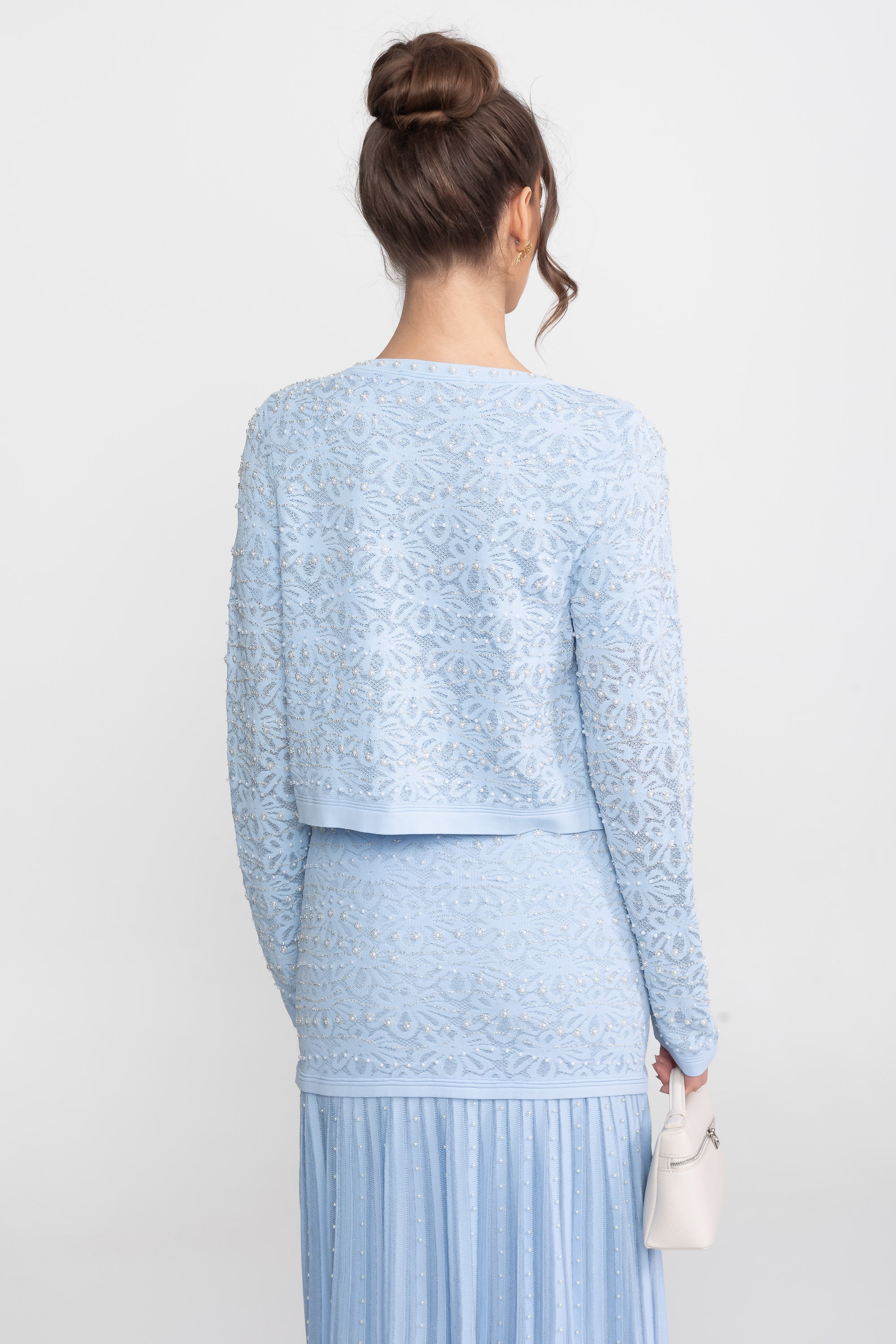 Top a Manica Lunga Decorato con Chiusura a Bottoni di Perla - Blue 