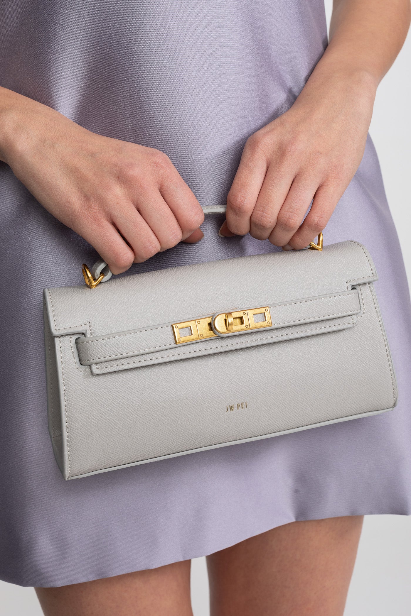 Borsa Mini Strutturata in Stile Kelly con Hardware Color Oro - Grigio Chiaro 