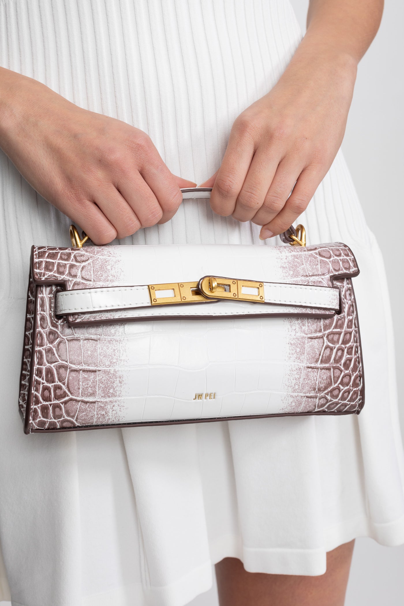 Borsa Mini Strutturata in Stile Kelly con Finiture Dorate - Off-White Effetto Coccodrillo 