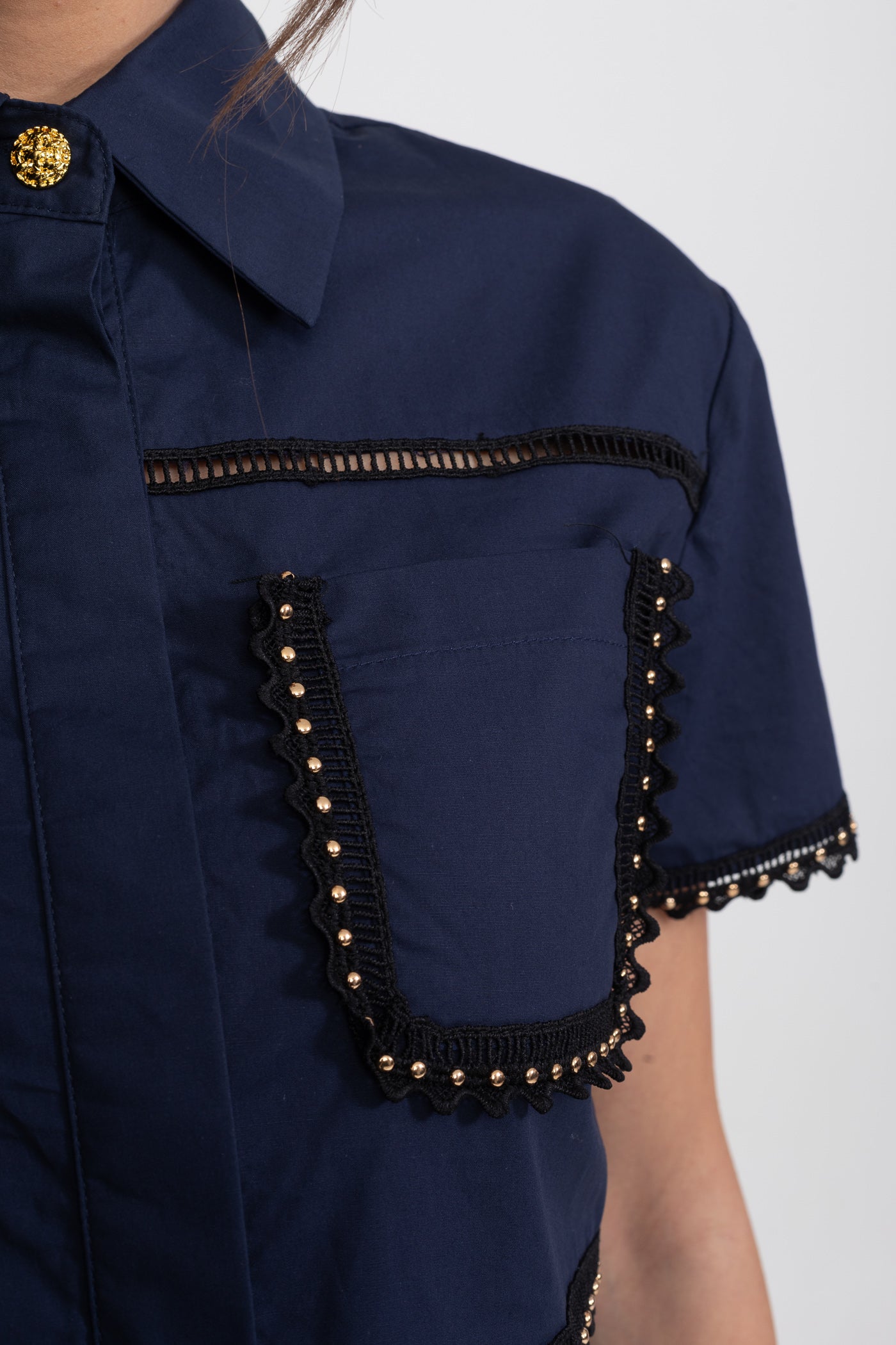 Coordinato con camicia cropped e gonna midi con rifiniture in broderie - Navy 